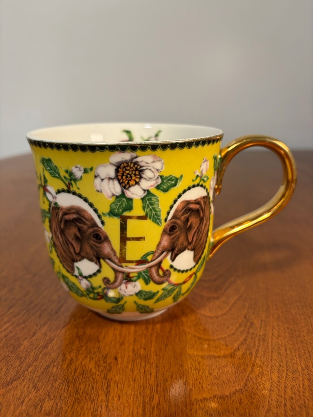 Anthropologie Yellow Elephant Floral Gold-Handled Mug